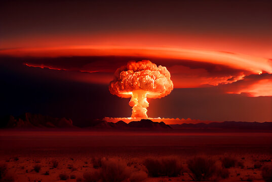 Terrible explosion of a nuclear bomb with a mushroom in the desert. Hydrogen bomb test. Nuclear catastrophe image created with Generative AI technology.