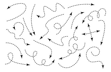 Arrows dotted set. Collection of graphic elements for website, interface for programs and applications. Navigation, geolocation and map. Cartoon flat vector illustrations isolated on white background