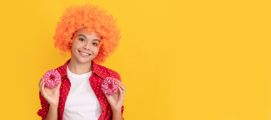 teen girl having fun. baked goods. sweet tooth. childhood happiness. yummy. Teenager child with sweets, poster banner header, copy space.