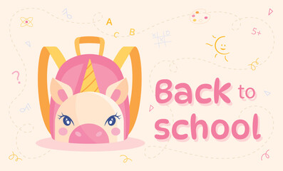 Back to school. Briefcase with unicorn next to inscription. Design for invitation and greeting postcard. Fairy tale, imagination and fantasy. Poster or banner. Cartoon flat vector illustration