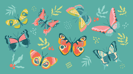 Set of butterflies. Collection of stickers for social networks and instant messengers. Multicolored winged insects, nature and fauna. Cartoon flat vector illustrations isolated on green background
