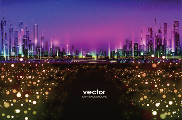 Fototapeta premium Vector night city illustration with neon glow and vivid colors.