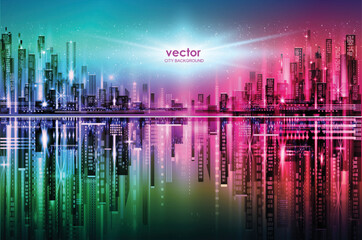 Vector night city illustration with neon glow and vivid colors. - 555274152