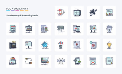 25 Data Economy And Advertising Media Line Filled Style icon pack