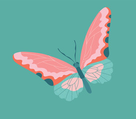 Bright butterflies icon. Colorful insect with pink green wings. Sticker for social networks and instant messengers, poster or banner for website. Wildlife and nature. Cartoon flat vector illustration