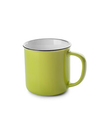 Empty green cup on white background