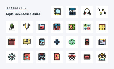 25 Digital Law And Sound Studio Line Filled Style icon pack