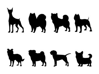 Set of dogs silhouette. Collection of stickers with pets for social networks and messengers. Animal love and care, mammal and puppy. Cartoon flat vector illustrations isolated on white background