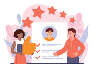 Marketer measuring customer. Man and woman near document. Analytical and marketing research of market. Client feedback and reviews. Poster or banner for website. Cartoon flat vector illustration