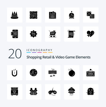 20 Shoping Retail And Video Game Elements Solid Glyph Icon Pack Like Board Open Keyboard Explosion Bomb