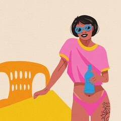 woman sunglasses yellow plastic chair pink shirt white background