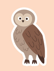 Owl in paper style. Brown bird standing. Nature and wild life, biology and zoology. Sticker for social networks and messengers. Nocturnal lifestyle metaphor. Cartoon flat vector illustration