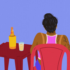 woman starring horizon plastic red chair pink bikini blue sky