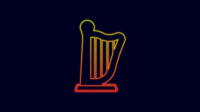 Glowing neon line Harp icon isolated on blue background. Classical music instrument, orhestra string acoustic element. 4K Video motion graphic animation