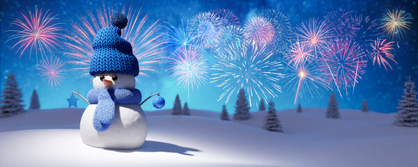 Fototapeta na wymiar Festive background with a snowman and sky full of fireworks 3d render