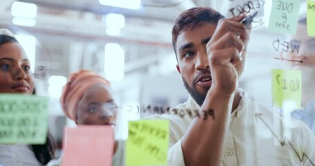 Businessman, talking or sticky notes presentation on glass wall in office for marketing strategy, advertising planning or branding timeline. Creative designer, people diversity or schedule workshop