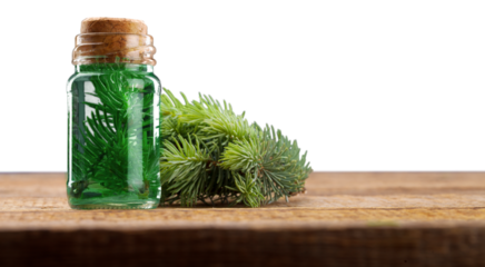 Medical oil in glass bottle and medicine herbs