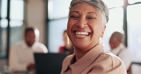 Face, woman or senior manager in meeting with a happy smile for marketing goals success or reaching kpi target. Leadership, portrait or funny business woman laughing alone with pride in office room - Powered by Adobe