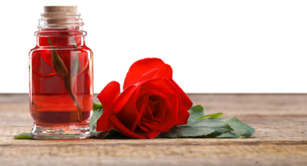 Medical oil in glass bottle and medicine herbs