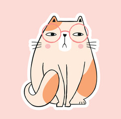 Cute cat icon. Serious kitten with glasses, symbol of wisdom and learning. Poster or banner for website. Mascot or toy for children, sticker for notebooks and books. Cartoon flat vector illustration