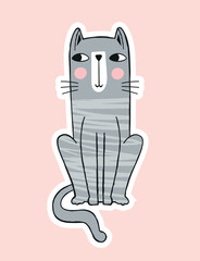 Cute cat icon. Gray kitten sits and looks away. Graphic element for printing on fabric. Toy and mascot, talisman. Love for animals and pets, care and support. Cartoon flat vector illustration