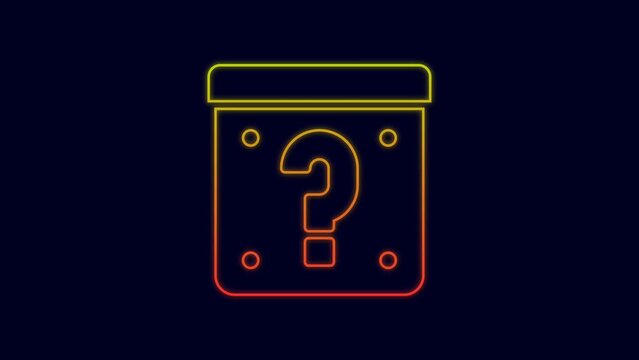 Glowing neon line Mystery box or random loot box for games icon isolated on blue background. Question mark. Unknown surprise box. 4K Video motion graphic animation