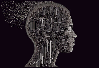 profile of a person´s head full of cables wires conexions, gears, generative ai, artificial intelligence