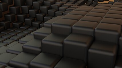 Abstract background with waves made of a lot of dark metallic black cubes geometry primitive forms that goes up and down under brown-white lighting. 3D illustration. 3D CG. High resolution.