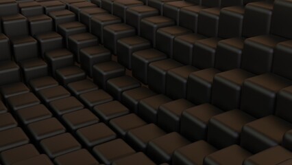 Obraz premium Abstract background with waves made of a lot of dark metallic black cubes geometry primitive forms that goes up and down under brown-white lighting. 3D illustration. 3D CG. High resolution.