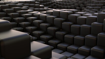 Obraz premium Abstract background with waves made of a lot of dark metallic black cubes geometry primitive forms that goes up and down under brown-white lighting. 3D illustration. 3D CG. High resolution.