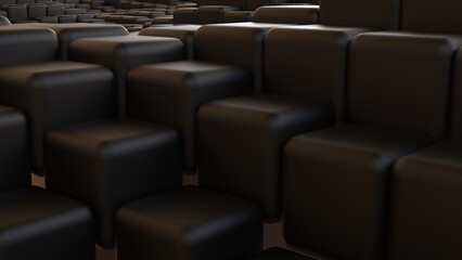 Obraz premium Abstract background with waves made of a lot of dark metallic black cubes geometry primitive forms that goes up and down under brown-white lighting. 3D illustration. 3D CG. High resolution.