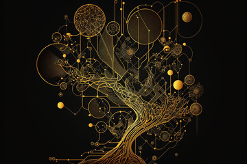 illustration of brain, ai generative, concept illustration of ai and brain, artificial intelligence, psychology, black and gold circuits