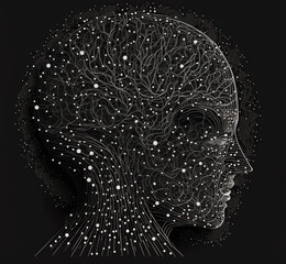 profile of a person´s head full of cables wires conexions, gears, generative ai, artificial intelligence, black and white