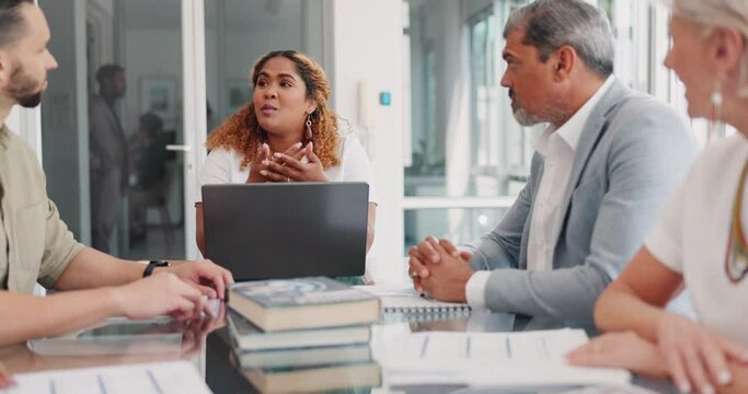 Leadership, team work or business people in meeting planning our vision, target or sales goals for company growth. Laptop, collaboration or employees talking or speaking of kpi or feedback in office