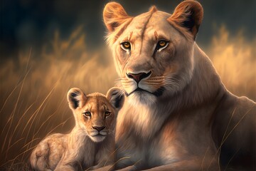 Lioness mother and her calf happy together in a daytime scene in the wild, realistic digital illustration suitable for representing mother strength and mother's day - obrazy, fototapety, plakaty