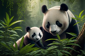 Fototapeta premium Mother panda and her cub happy together in a daytime scene in the wild, realistic digital illustration suitable for representing mothers and mother's day