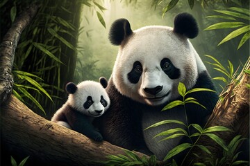 Fototapety  Mother panda and her cub happy together in a daytime scene in the wild, realistic digital illustration suitable for representing mothers and mother's day