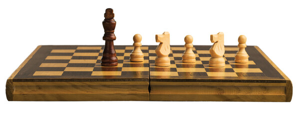 Wooden chess figures on a classic chessboard