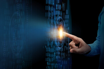 Creation of innovative technologies. Human hand touching the digital data network connection screen. Digital neural network.