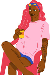woman bar drinking beer sunglasses pink shirt transparent background