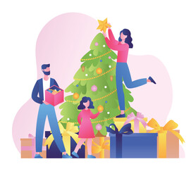 Obraz premium Decorate Christmas Tree. Happy family with gifts, presents and toys. New Year and Christmas, winter holidays. Comfort in apartment, parents with their daughter. Cartoon flat vector illustration