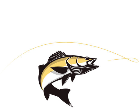 Walleye fishing Logo. Unique and fresh walleye fish jumping out of