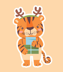 Tiger symbol icon. Cute character wearing deer ears reading letter or holding gift. Greeting and invitation card. Christmas and New Year. Winter holidays and culture. Cartoon flat vector illustration