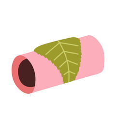 Sakuramochi. Rice mochi with a red bean paste center and wrapped in sakura leaf. Traditional japanese dessert. Asian sweet food. Flat vector illustration isolated on white background.
