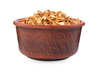 Bowl of dried orange zest seasoning isolated on white