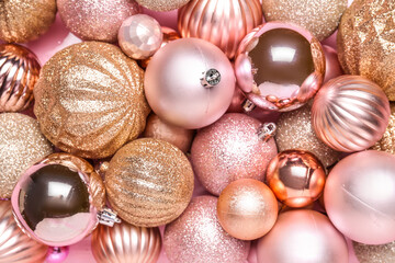 Fototapeta na wymiar Pink Christmas balls as background, closeup