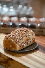 Healthy wholemeal bread on wooden table.
