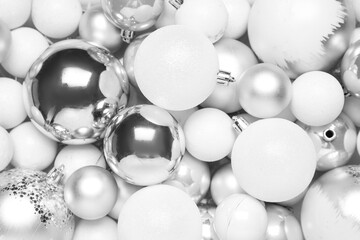 White Christmas balls as background, closeup