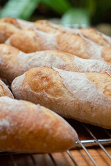 Still life with French fresh bread. French baguettes with wooden cutting board and baking tray.