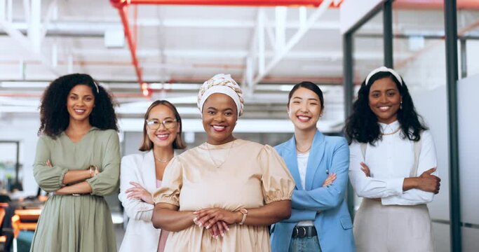 Business women diversity, collaboration or team building in modern office, marketing company or advertising startup. Smile, happy or laughing creative designer, worker or employees in success mindset